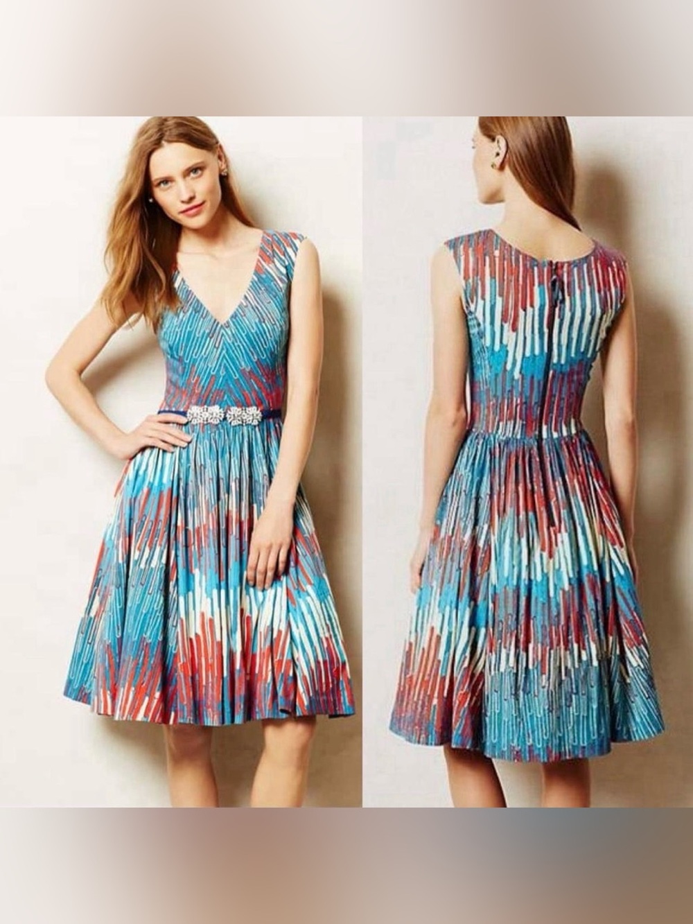 Plenty by Tracy Reese Blue Multi-Color V-Neck Pleated Midi Dress